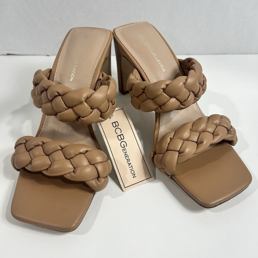 BCBGeneration Finaa Braided Mule Heels Tan Taupe Square Toe Sandals 7.5